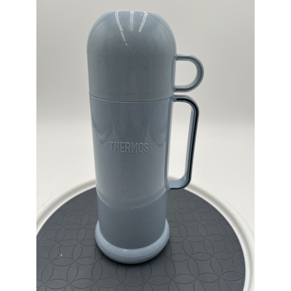 Thermos Vintage Light Blue Speckled Vacuum Bottle W/Cup Stopper 10.5" Tall